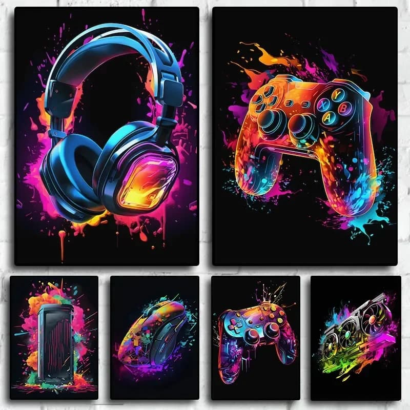Poster di Personaggi di Videogiochi Pop Neon, Gamepad, Cuffie, Calcio, Basket, Stampa su Tela, Decorazione Murale per Sala Giochi