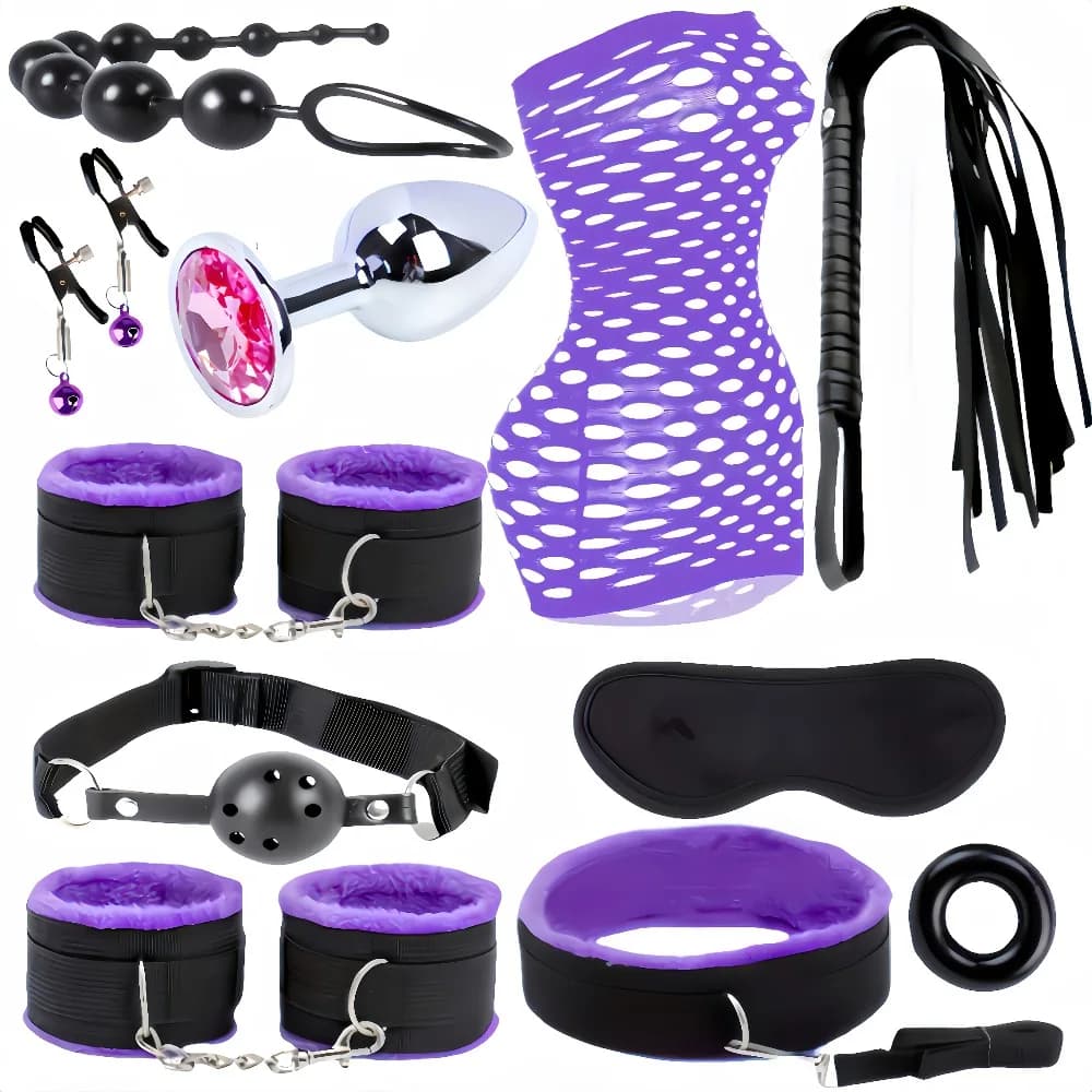 Set BDSM da 11 pezzi - Abito sexy all'uncinetto, abito a rete, plug anali in metallo con gemme, perline anali, giocattoli sessuali per coppie adulte