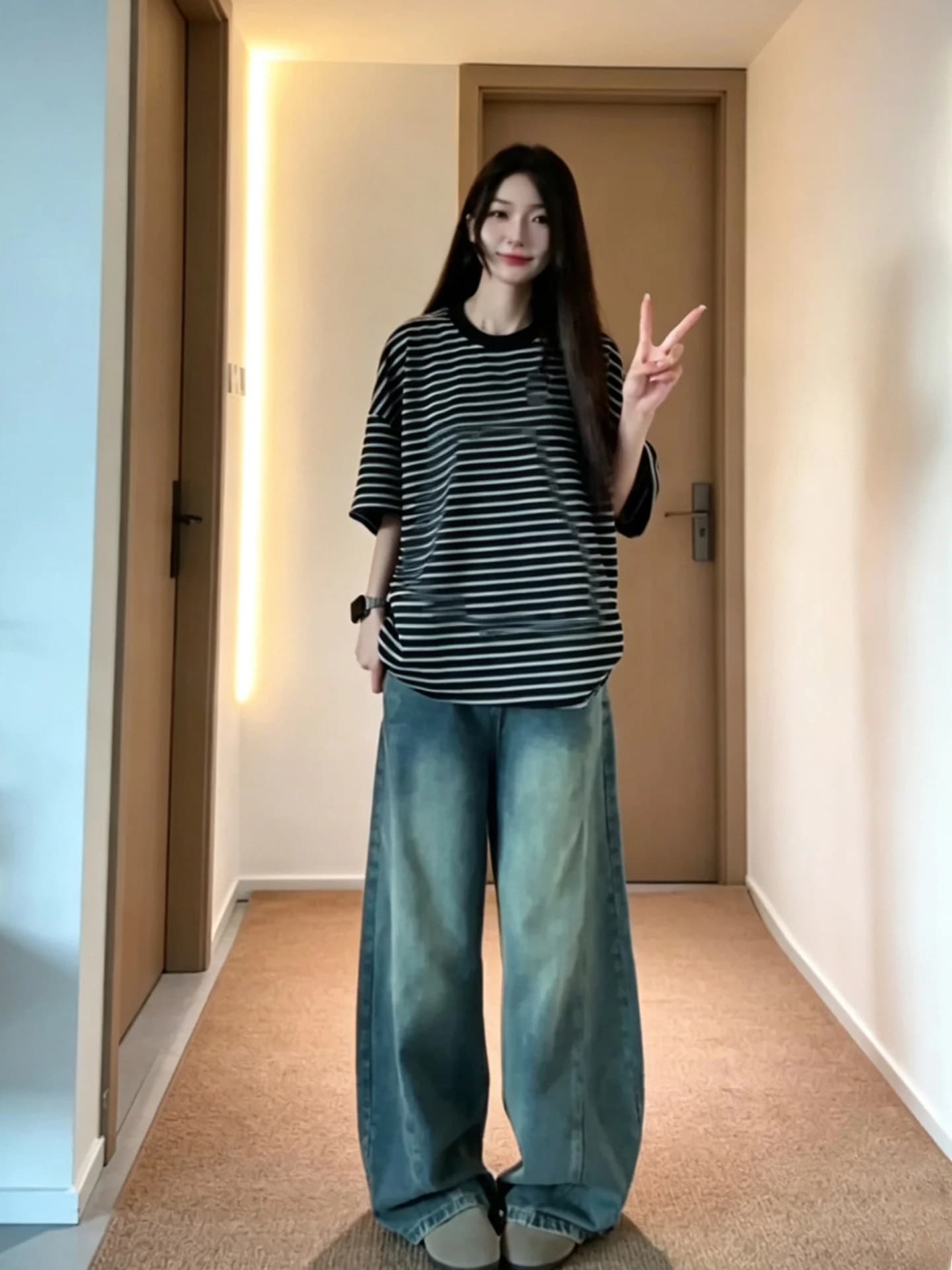 Retro Blue Denim Jeans Men Women Straight Loose Wide Leg Pants High Street Vibe Slimming Trousers Knife Angle Cut