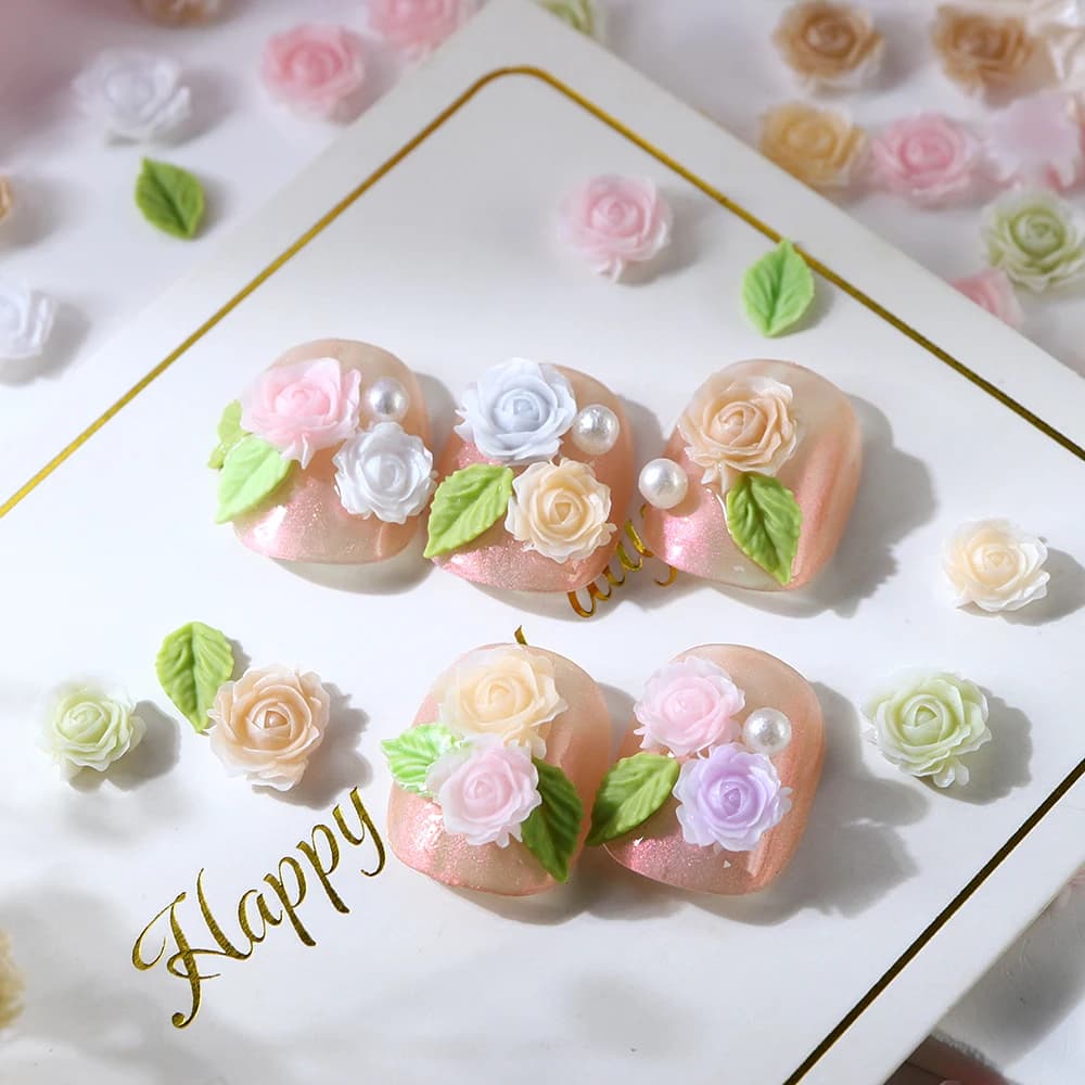 100 pz romantico rosa Nail Art Charms accessori per Manicure fiore di rosa Mix foglie verdi fiori colorati gioielli per unghie fai da te