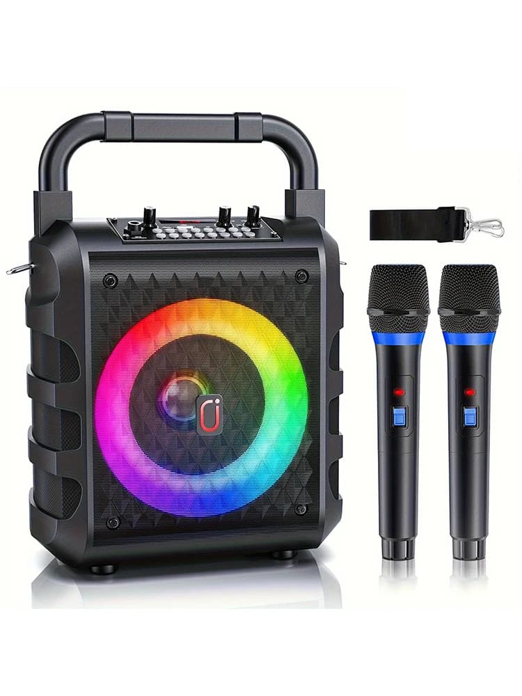 La macchina per karaoke viene fornita con 2 microfoni per karaoke wireless, altoparlanti Bluetooth portatili, sistema Karaoke domestico 0K, con luci colorate RGB