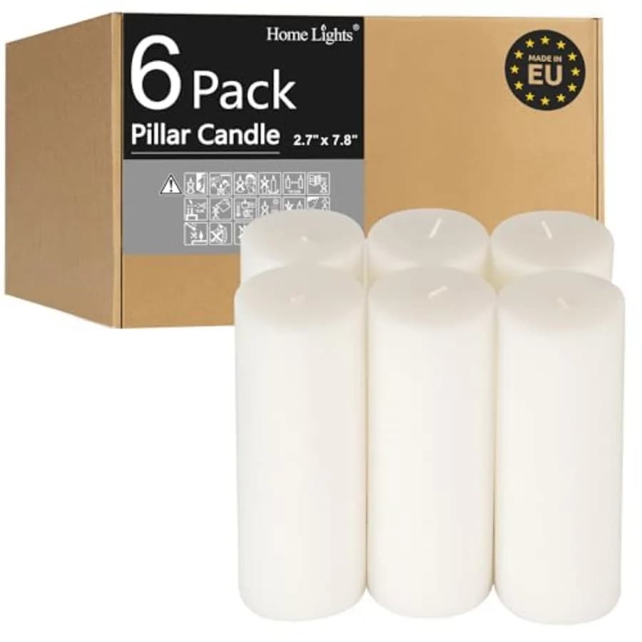 Candele a Colonna HomeLights - 2,7x8 Pollici, 80 Ore di Durata, Confezione da 6 - Candele Europee Bianche Senza Profumo e Senza Fumo - Perfette