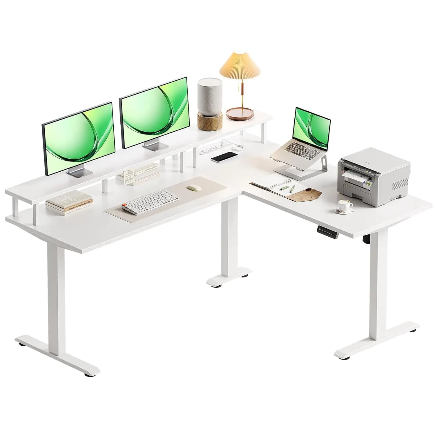 L-shaped electric desk, 59 inch height adjustable office desk with monitor support, Sit-Stand desk with power sockets, La