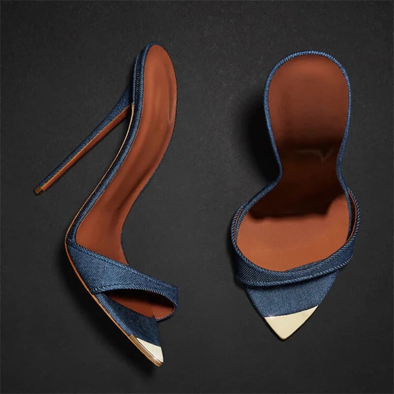 Pantofole da donna in Denim decorazione in metallo muli a punta scarpe da donna sandali gladiatore con tacco Super alto scarpe da donna di lusso Sexy