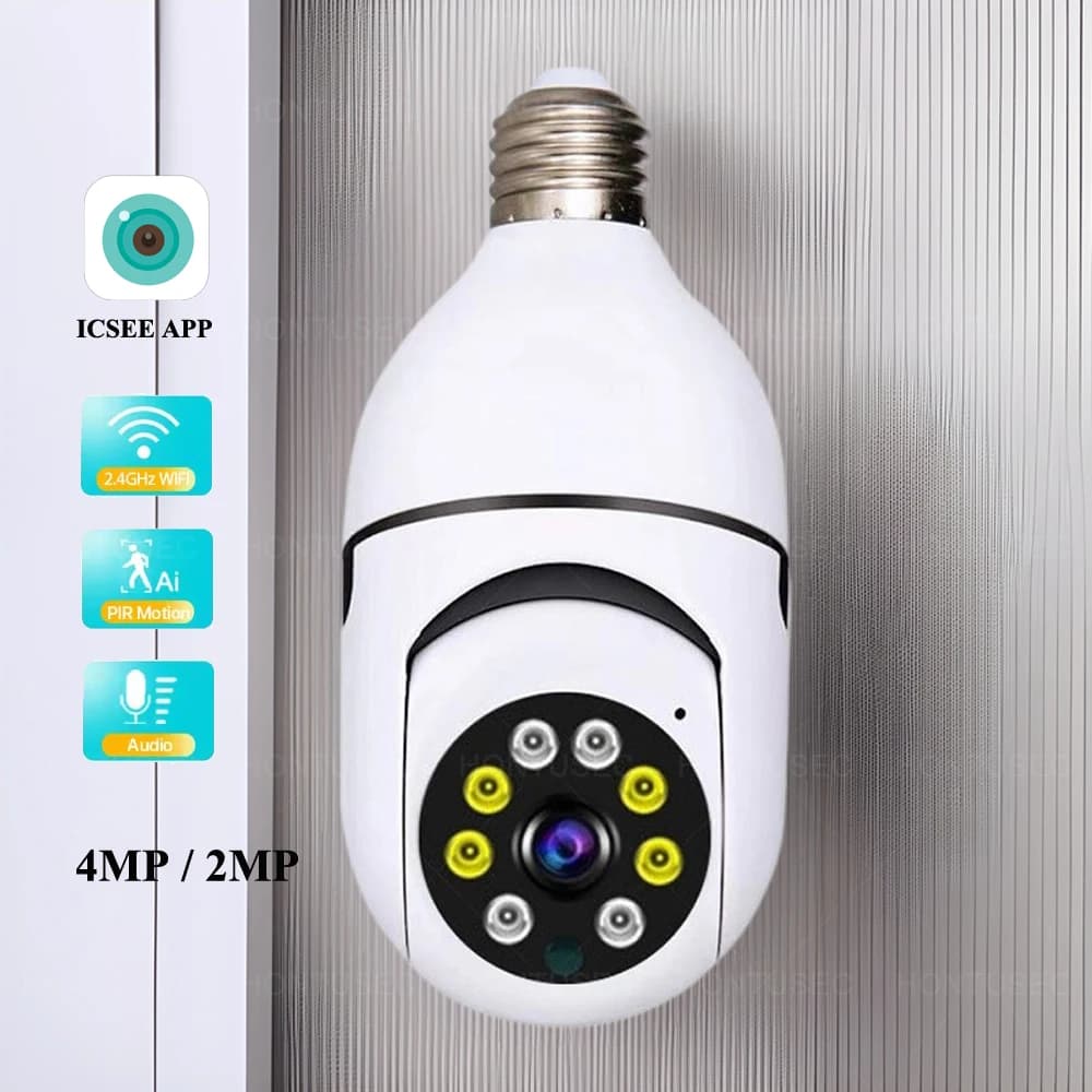 ICSEE E27 Wifi Lampadina Telecamera 4MP Wifi PTZ Visione notturna colorata Audio bidirezionale Baby Monitor Sistema di telecamere di sicurezza con tracciamento automatico