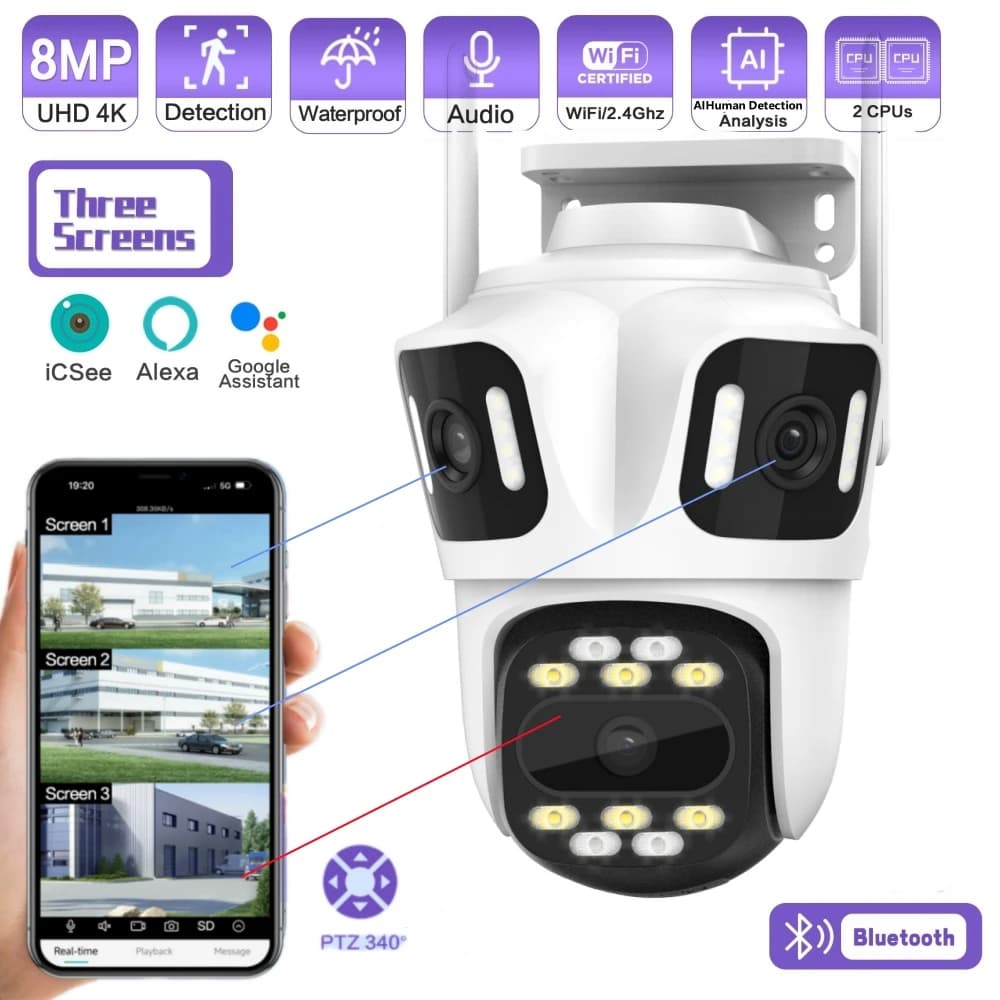 Telecamera IP 4K HD Telecamera WiFi esterna a tre schermi Telecamera esterna 6MP Doppia lente Monitoraggio automatico Sicurezza PTZ Cam Video sorveglianza iCsee