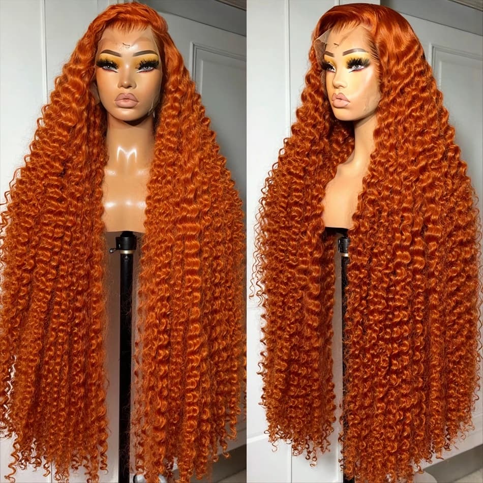 Frontal Wig in Pizzo 13x6 HD Ricci with Proof Waves, Orange Color Zenzero, Human Hair, Density 250%, Pre-Piumata, Soft Waves 350, 13x4 13x6