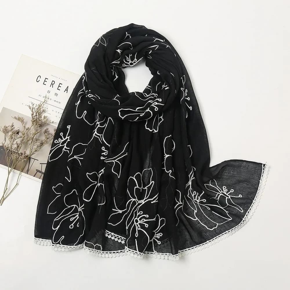 Versatile Elegant Hijab Scarf Thin Flower Embroidery Sunscreen Shawl Soft Plain Design Female Headscarf for Women