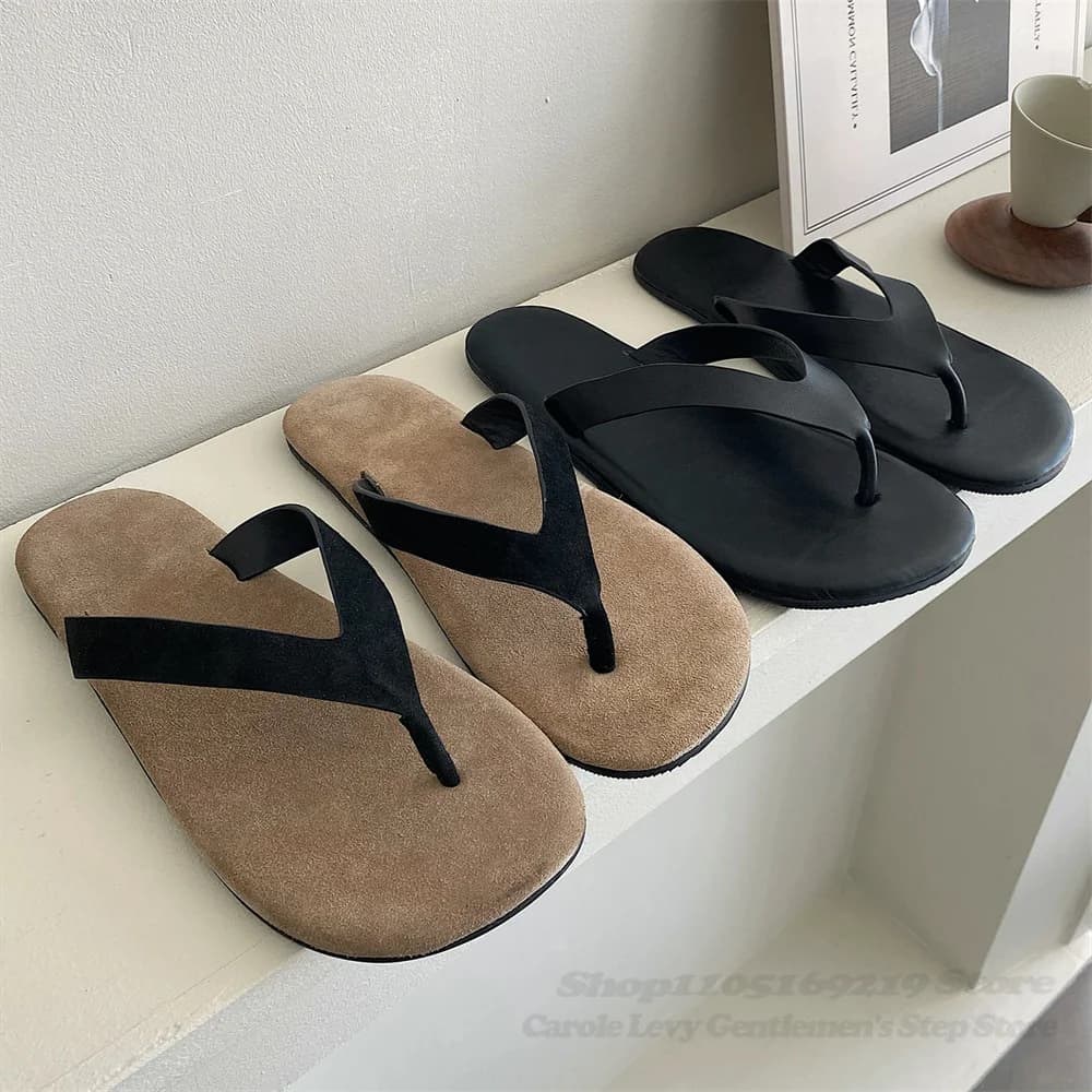 Vintage Style Cow Suede Clip On Flip Flops Men Summer New Outerwear Anti Slip Leather Slippers Slip On Casual Comfort Mules