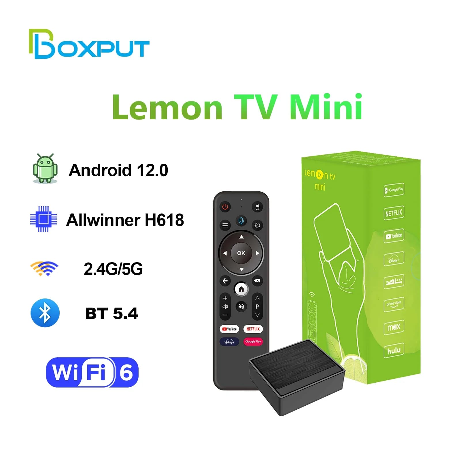 BOXPUT Lemon TV Mini Smart TV Box Android 12.0 Allwinner H618 4K Media Player with Dual Wifi 2.4G/5G BT5.4 Voice Remote Control
