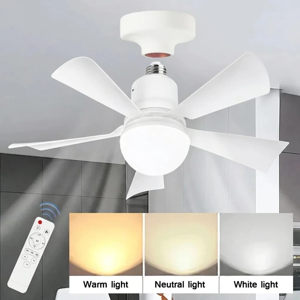 Ventilatore da Soffitto LED Moderno con Telecomando, Luce Dimmerabile a 3 Colori, Base E27 per Cucina, Soggiorno, Camera da Letto, Garage