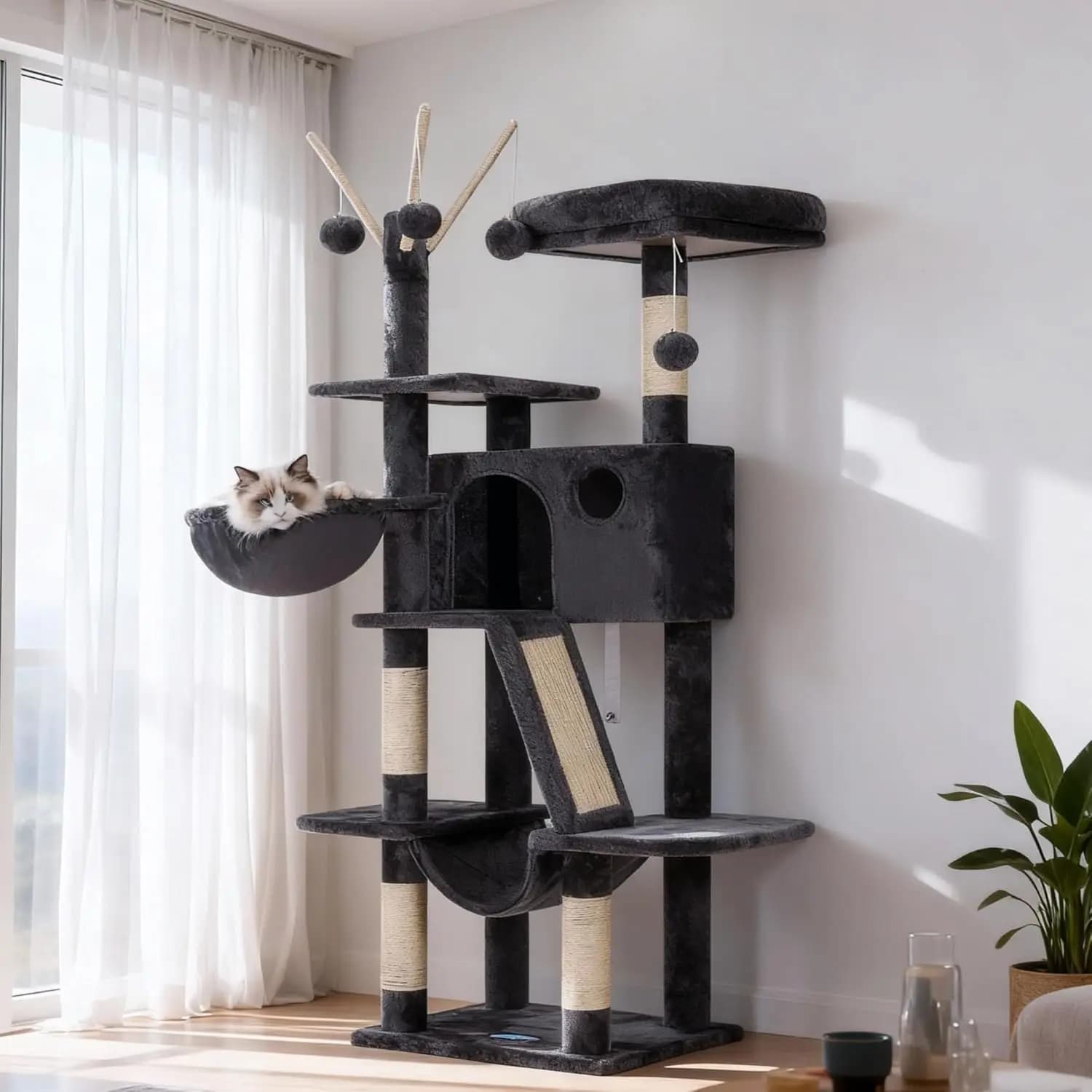 Albero per Gatti da 53 Pollici con Letto Imbottito, Amache, Tiragraffi e Giocattoli per Gatti da Interno in Grigio Fumo