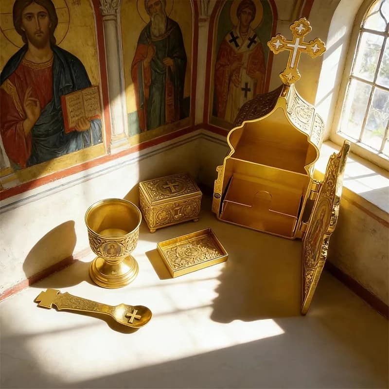 Set da Viaggio per Santa Comunione Placcato in Oro con Tabernacolo, Calice e Patena, Vaso Liturgico Premium per Chiesa e Missione