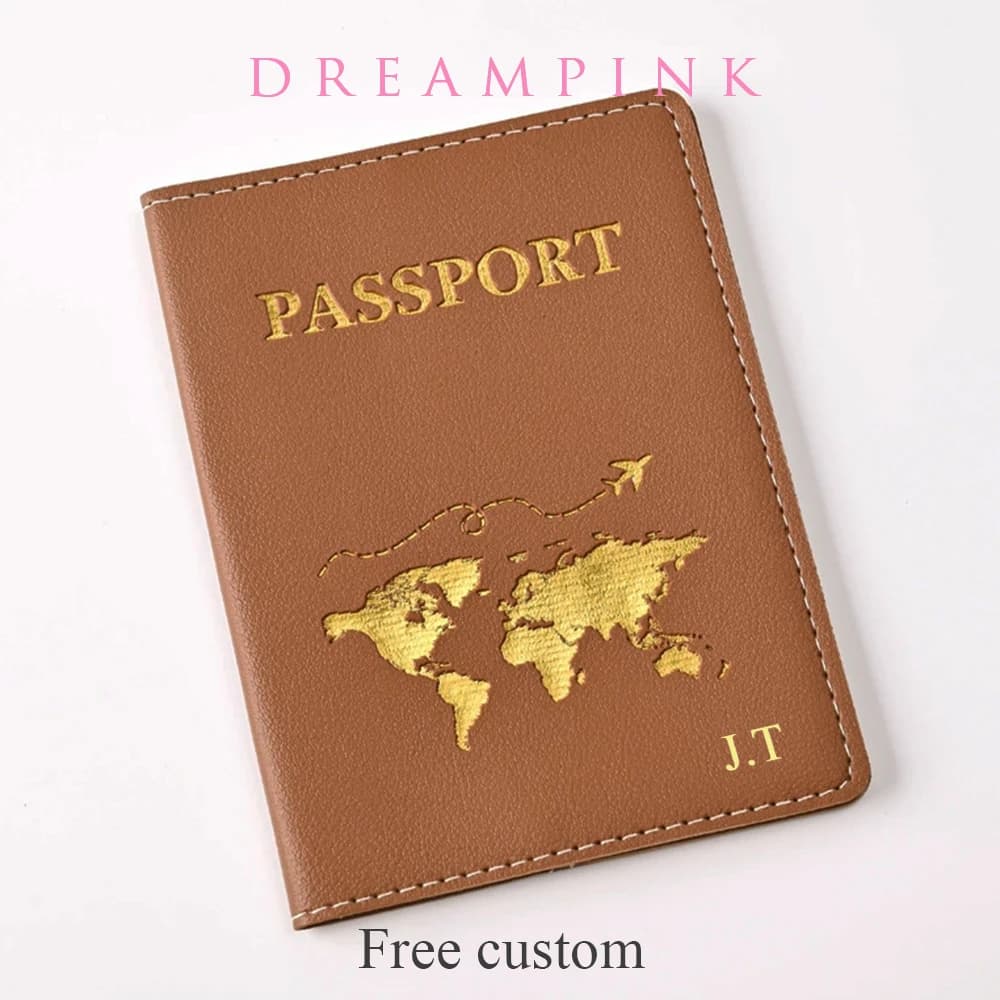 Copertina per passaporto da viaggio con nome personalizzato, mappa globale dorata, iniziali personalizzate, porta passaporto, nuovi accessori da viaggio per uomo e donna
