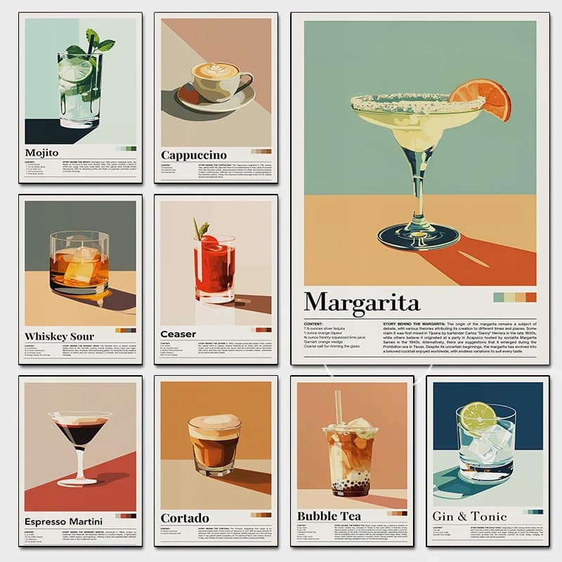 Nostalgic Minimalist Cafe Posters Retro Cocktail Cappuccino Margarita Prints Canvas Painting Wall Picture Home Living Room Decor