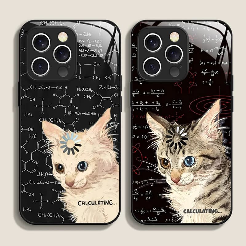Cover per iPhone 17 16 Pro Max 15 14 Plus 13 12 Mini 11 X XS XR in Vetro Temperato con Motivo Gatto e Formula Artistica Divertente