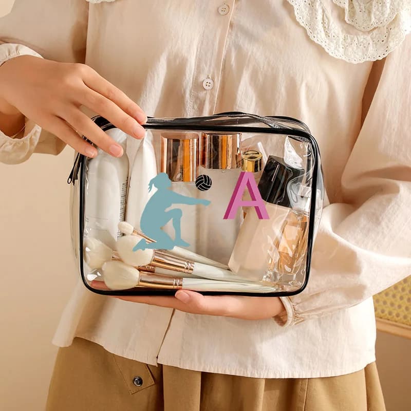 Sports Style Transparent Makeup Bag with Volleyball Theme, PVC Toilet Organizer with Initials, Waterproof Travel Feet for Women Cosmetics