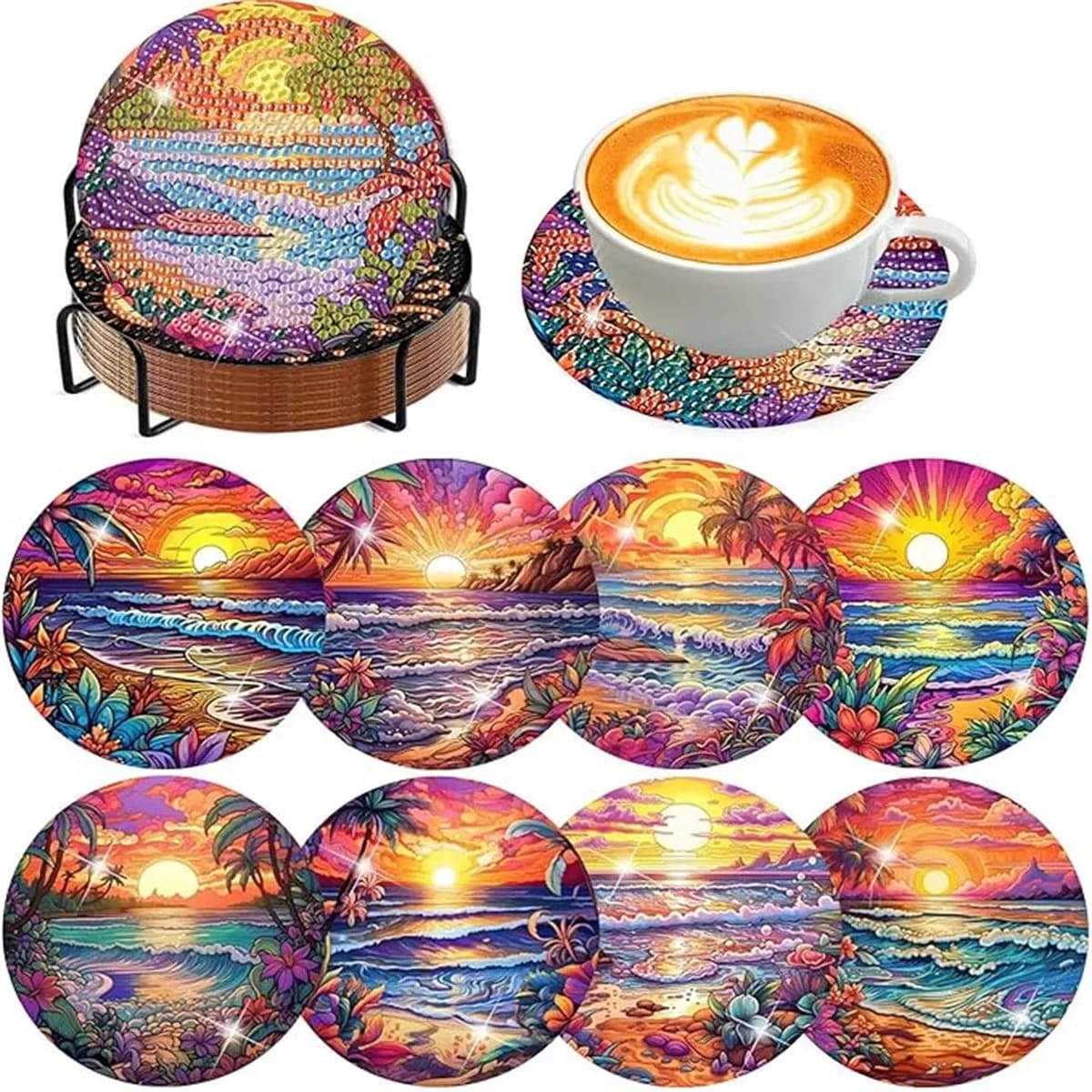 8 Pieces/Set of Diamond Painted Coasters Set Acrylic Landscape Patterned Coasters (with Holder) - DIY Diamond Art Craft Kit for