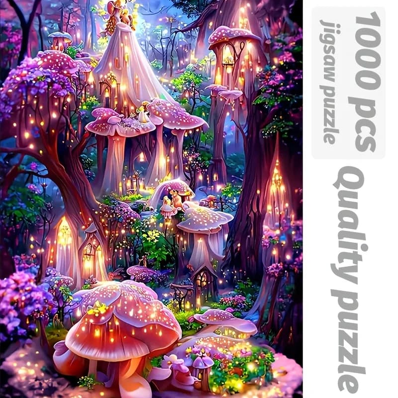 Puzzle della foresta incantata da 1000 pezzi per adulti - Scena di funghi magici e lanterne con lanterne luminose, D portatile durevole