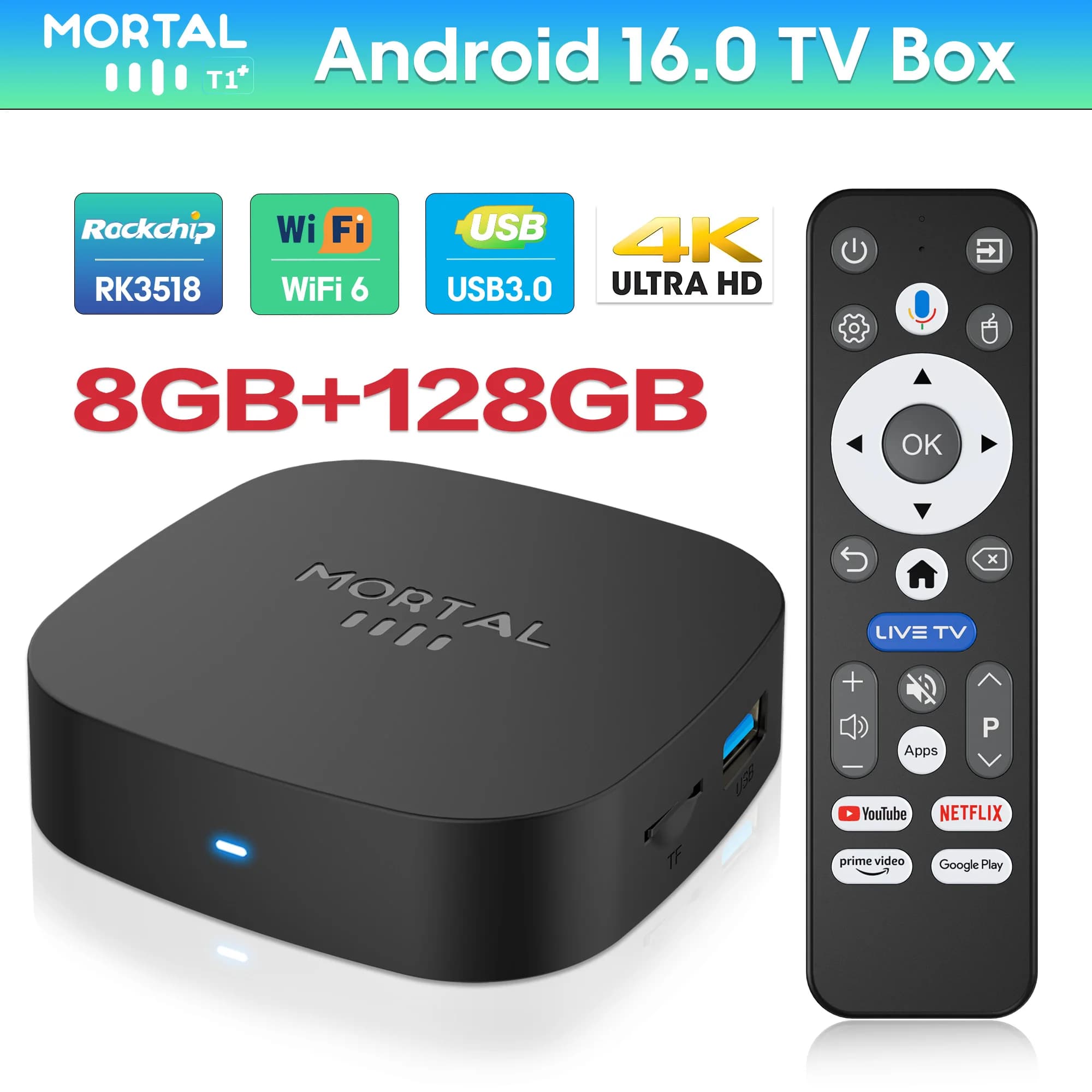 Smart TV Box Android 16 Controllo vocale Google 2.4G WIFI 6 4K 1080P 8GB 128GB T1+ BT5.0 RK3518 HDMI ad alta velocità Lettore multimediale globale