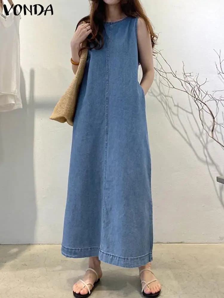 VONDA 2025 Summer Elegant Women Denim Pleated Long Sundress Fashion Casual Loose Sleeveless Robe A-Line Maxi Vestido Oversized