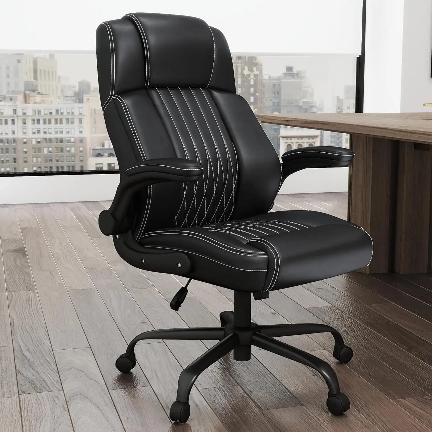 Sedia da Ufficio in Pelle con Schienale Alto, Supporto Lombare, Braccioli Ribaltabili, Altezza Regolabile, Rotazione a 360° ° Sedia Girevole e Basculante per Ufficio Domestico, Nera, Personalizzabile