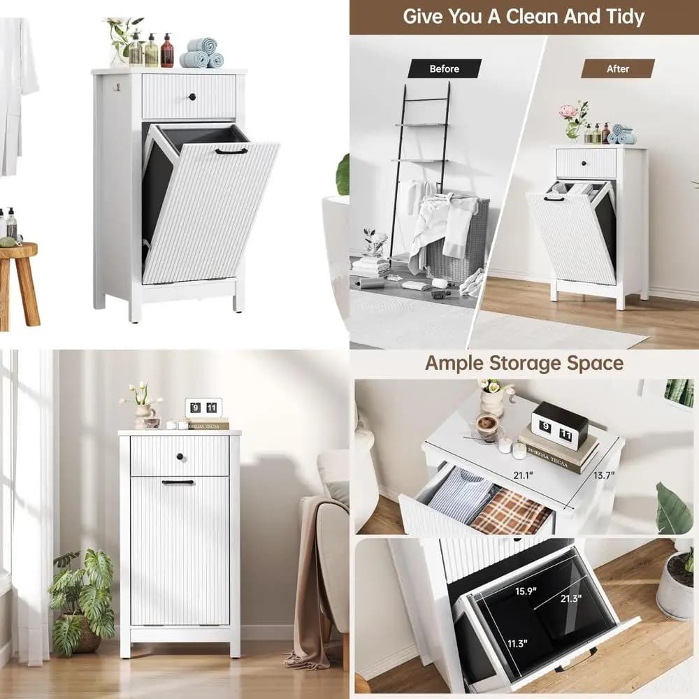 Mobiletto Portabiancheria con Cassetto, Cestino per Rifiuti da 10 Galloni, Contenitore Nascosto in Legno per Bagno e Cucina, Bianco