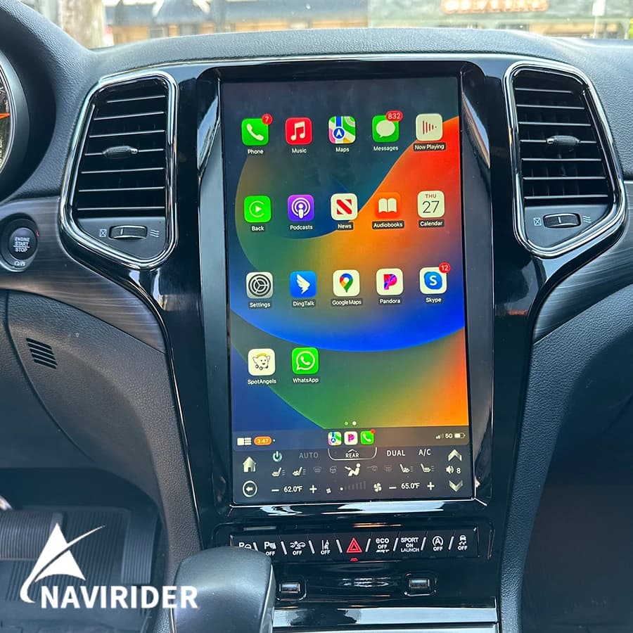 Autoradio Android touchscreen da 13,6 pollici 2 DIN per Jeep Grand Cherokee 2014-2020 con GPS, Carplay, lettore multimediale video, stereo e navigatore.