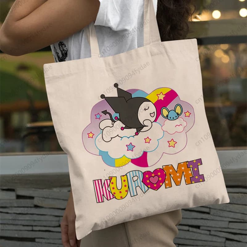 Borsa Tote in Tela con Stampa Grafica di Kuromi di Sanrio 'I Miss You', Borsa Casual Riutilizzabile per Uso Quotidiano e Viaggi