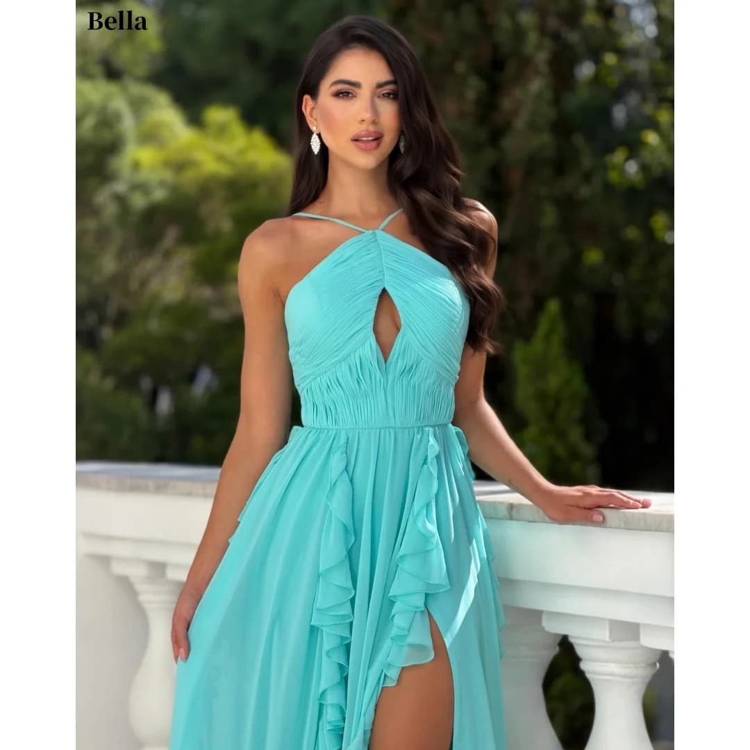 Bella Customized Turquoise Chiffon Elegant Halter Neck Prom Dresses vestidos de noche Pleated Keyhole High Slit Formal Evening