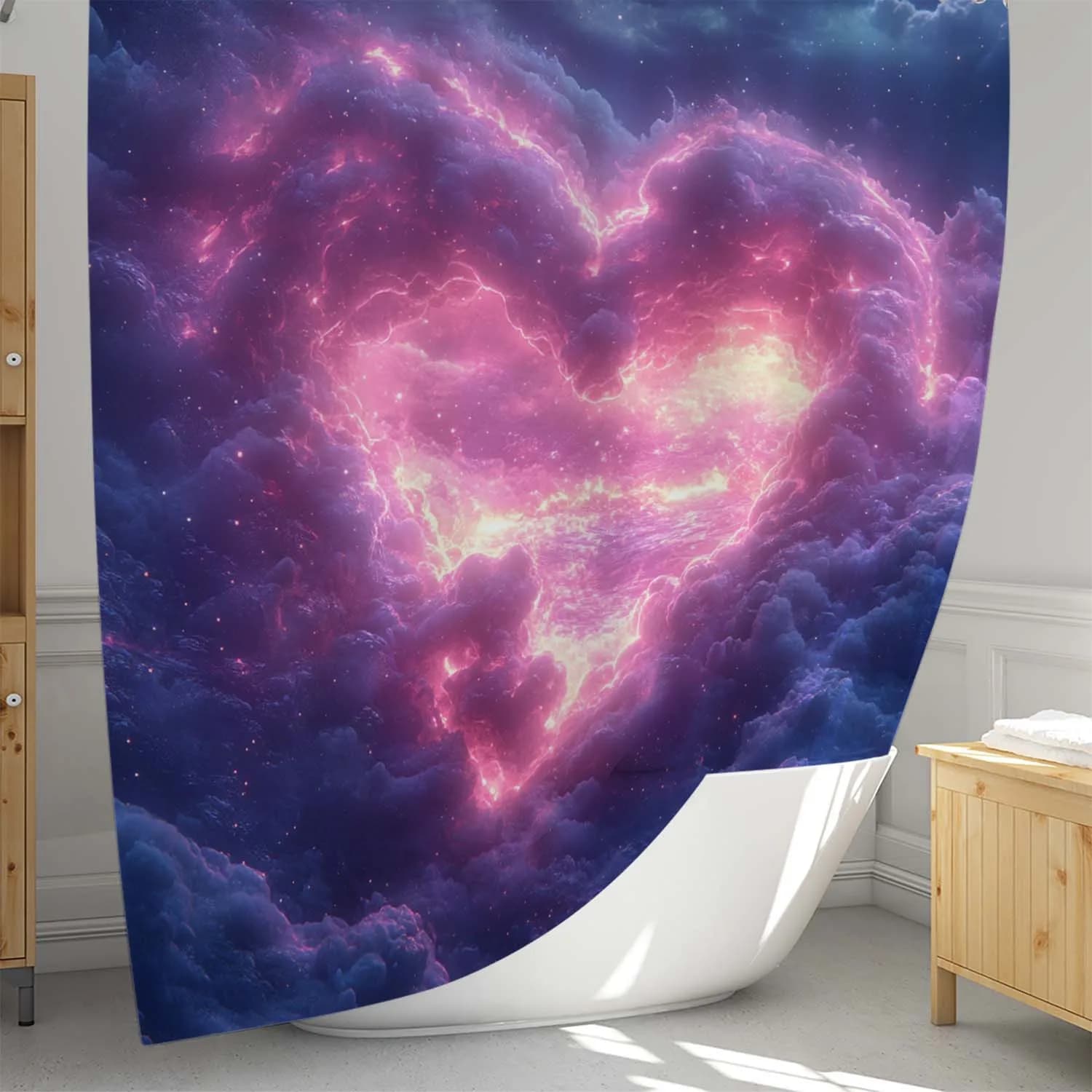 Tenda da doccia impermeabile resistente al muffa con cuore galattico - Design cosmico per un'esperienza romantica dell'arredamento del bagno