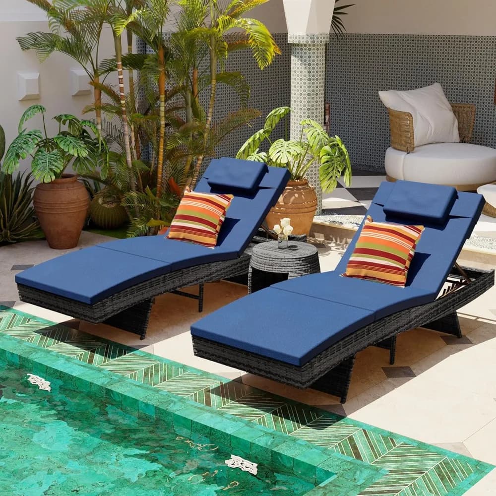Chaise Lounge Set of 2, Rattan Wicker Patio Lounge Chairs for Outside, Adjustable Chaise Loungers with Cushions, Customized