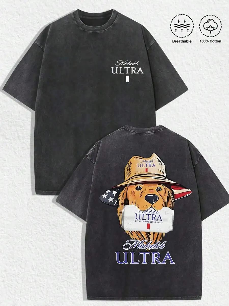 Retro Michelob Ultra Beer Dog T Shirt Men Vintage Washed Golden Retriever Graphic Tee 100% Cotton Breathable Casual Summer Shirt