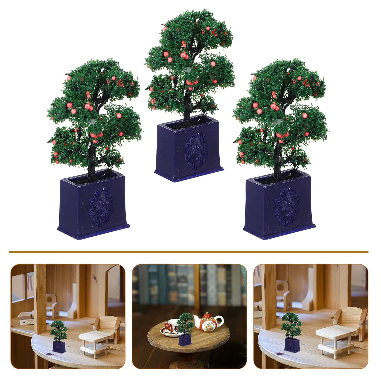 3Pcs Lifelike Miniature Fruit Tree Potted Plants Fake Indoor Decor for Dollhouse Miniature House Accessories Craft DIY