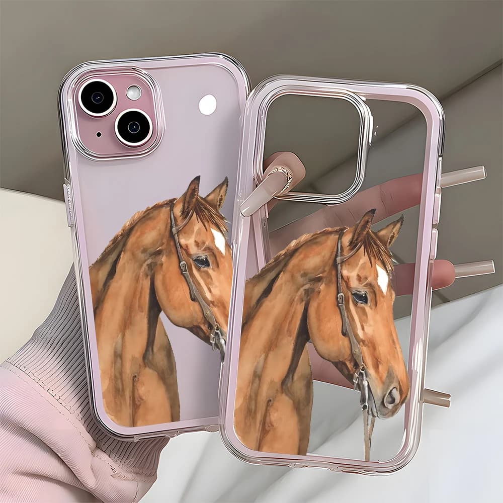 Retro Watercolor Horse Pattern Clear Phone Case For iPhone 17Air 16 15 14 13 12 11 Pro Max 14 Plus 2 in 1 Candy Color Soft Cover
