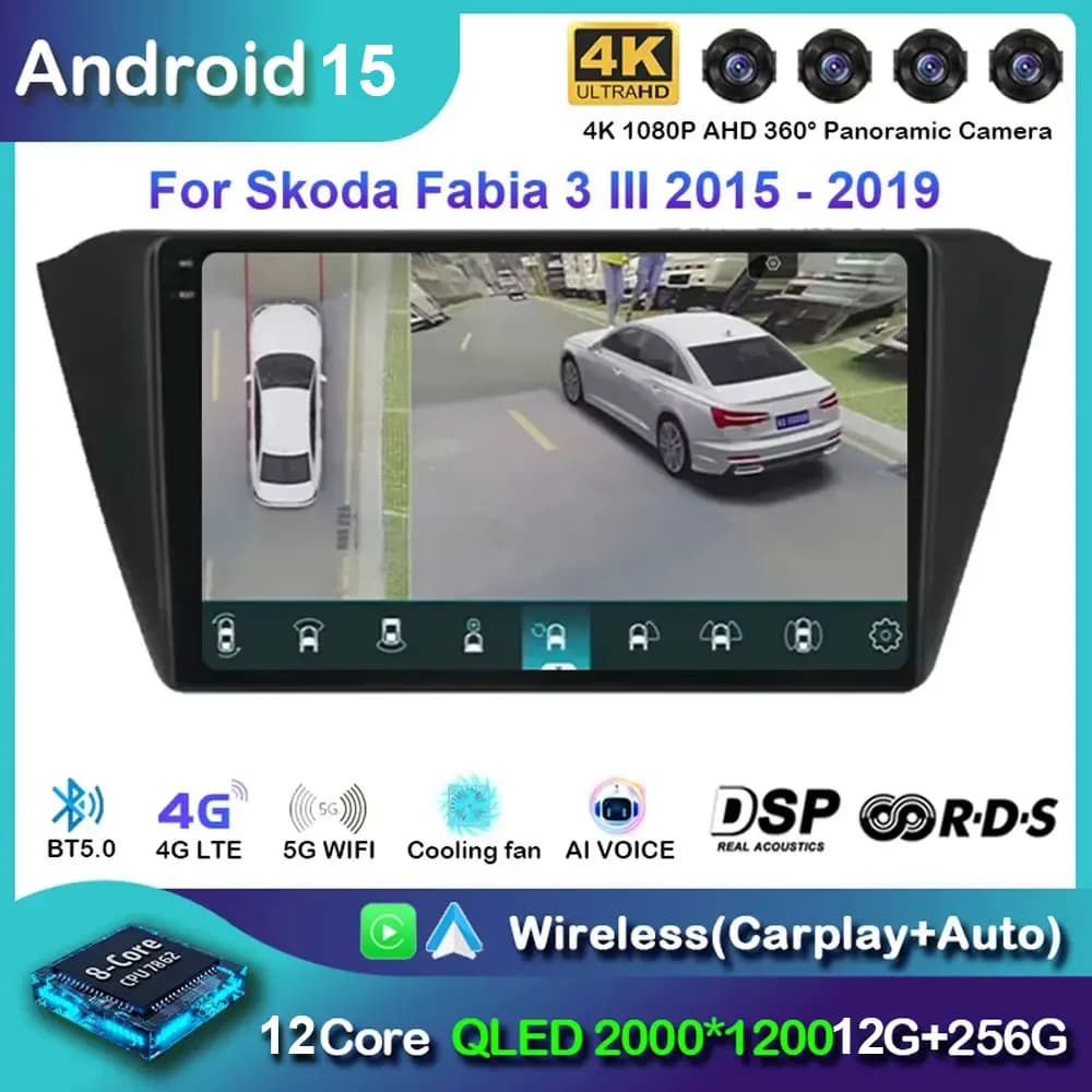 Android 15 wireless Carplay Auto Car Radio for Skoda Fabia 3 III 2014 - 2020 Navigation GPS Multimedia Player Stereo BT WIFI+4G