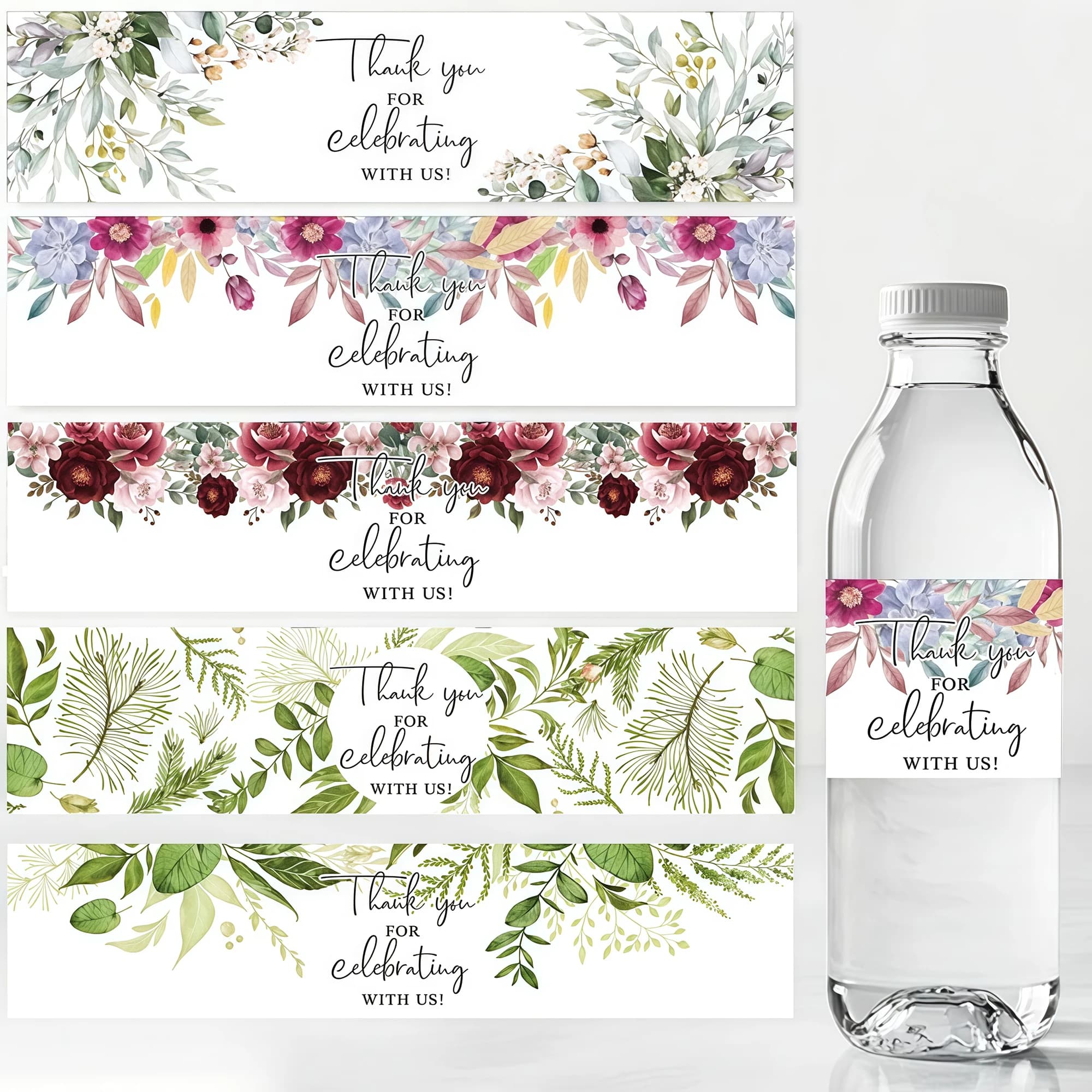 10 labels for water bottles with writing 'Thank you for celebrating with us', floral wedding favors/Addio al Nubilato/Baby Shower