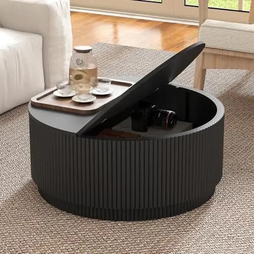31.5" Round Coffee Table with Storage, Modern Accent Coffee Tables with Fluted Base, Wooden Circle Center Table for