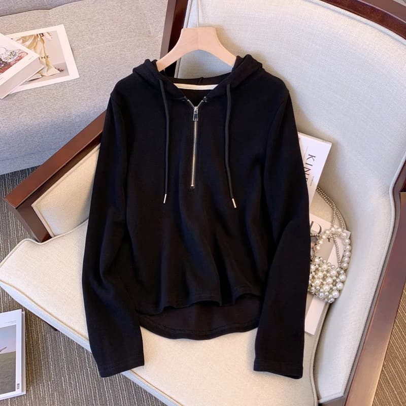 plus Size Hoodie Jacket Slimming Belly Covering Shoulder Length Black Sweatshirt Outerwear for plus Size Women Trendy Streetwear