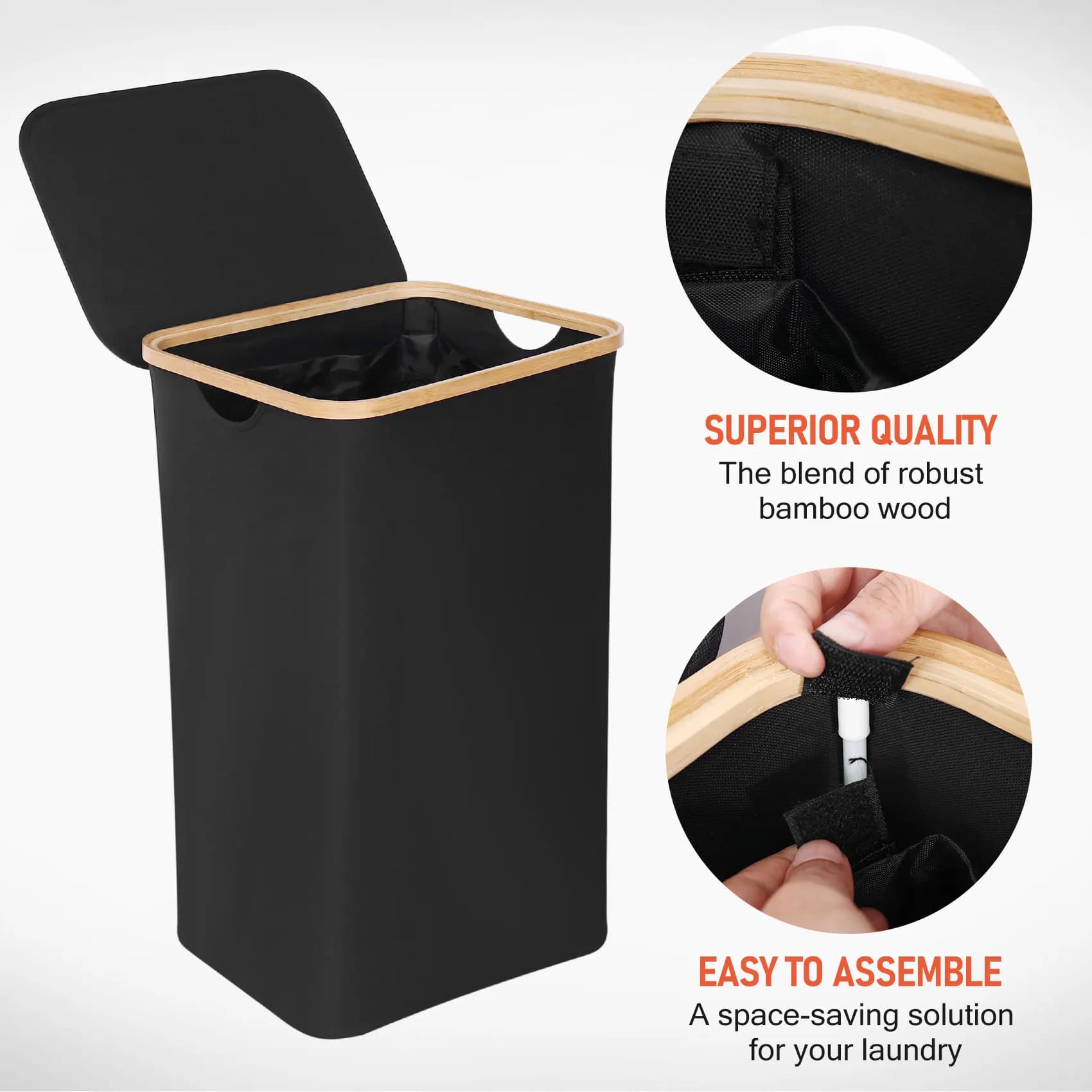ABHI - Cesto portabiancheria con coperchio, cesto portabiancheria nero con sacca rimovibile - Organizzatore per biancheria per bagno e camera da letto