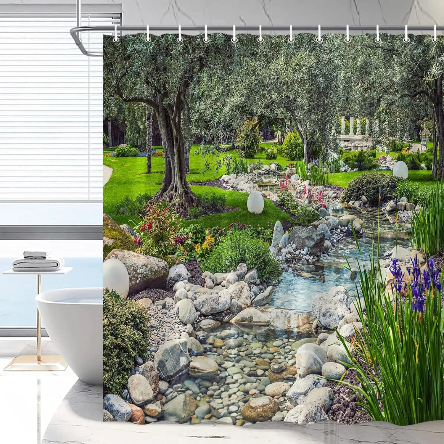 Tenda da doccia panoramica da giardino Fiori colorati Paesaggio verde Tende da bagno Piante primaverili Paesaggio naturale Paesaggio marino Vasca da bagno