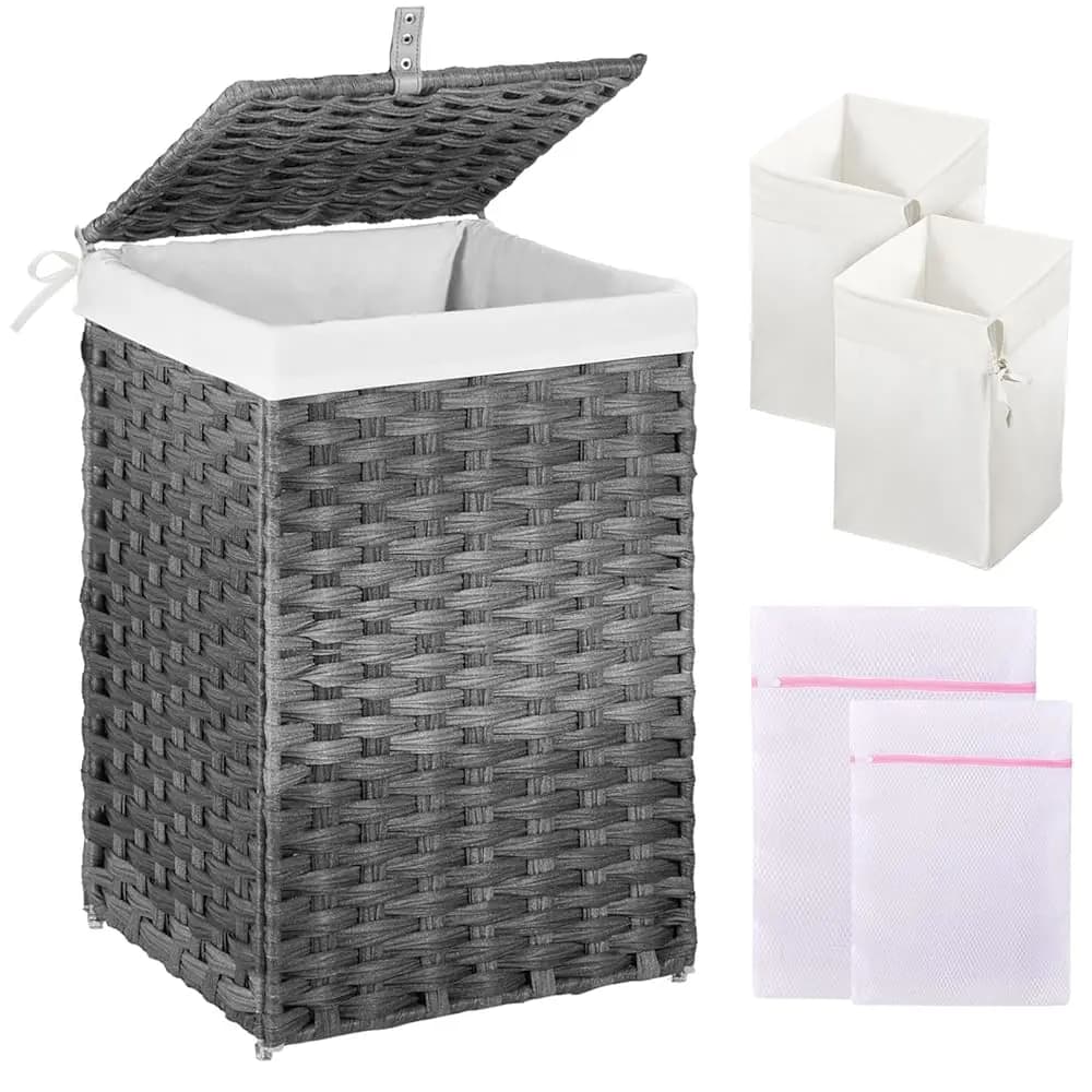 Cesto Portabiancheria con Coperchio, Cesto Portabiancheria da 60L con 2 Sacchi Interni Rimovibili e 2 Sacchi in Rete, Intrecciato a Mano in Materiale Sintetico