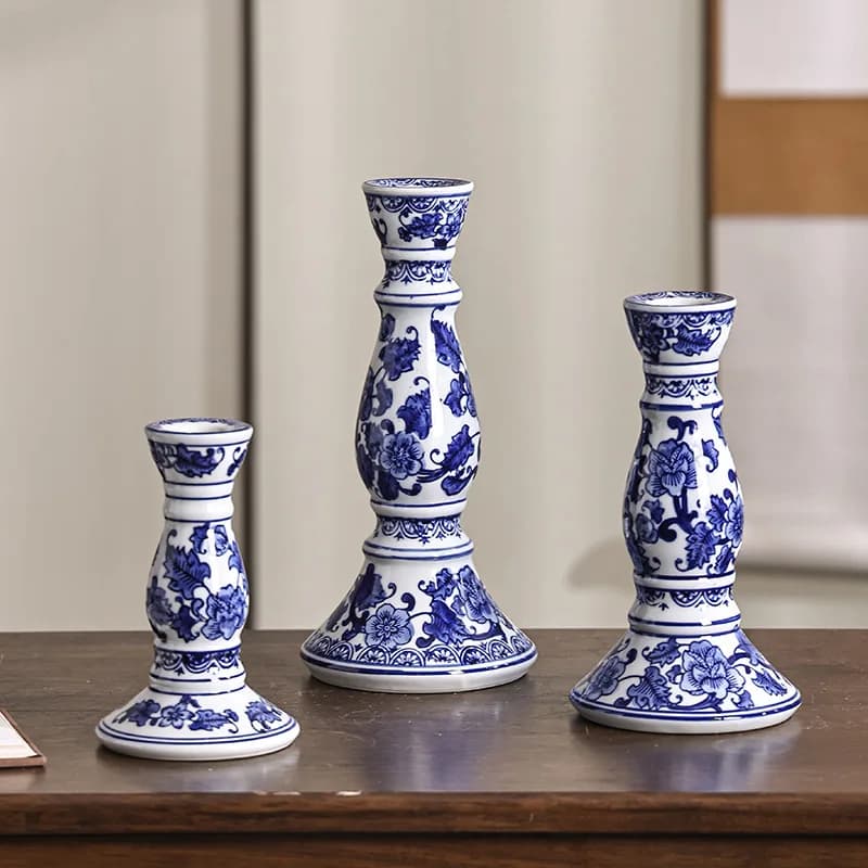 Blue and White Porcelain Ceramic House Candle Holder Chinese Style Simple Home Candlestick Incense Stick Wedding Decoration