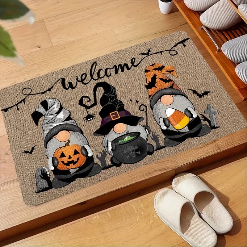 Halloween Welcome Gnome Flannel Doormat Pumpkin Bat Spider Cauldron Anti Slip Front Door Mat Spooky Home Entrance Decor Rug