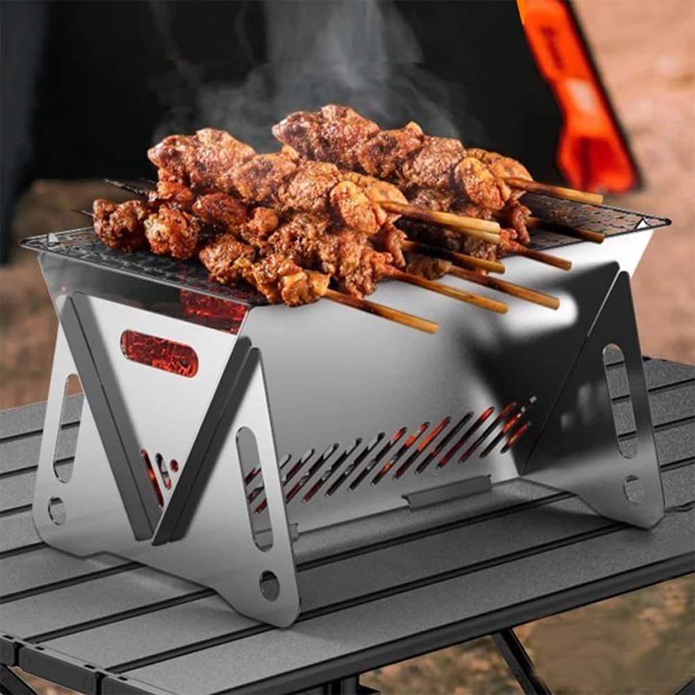 Camper's Stove with Grid Portable Stainless Steel Folder for Open Barbecue, Hiking and Picnic