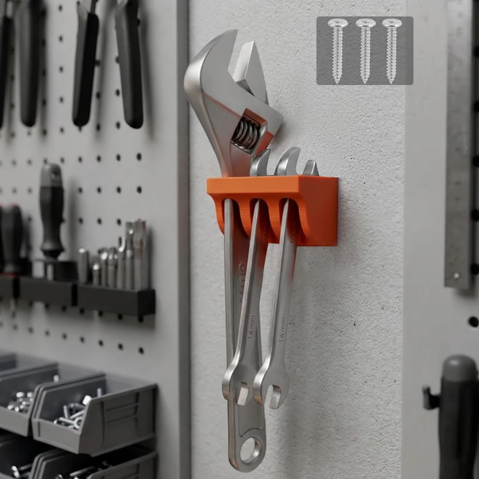 3-Slot Wall-Mounted Tool Rack Orange Organizer For Wrenches Pliers Scissors Secure Non-Slip Holder Workspace Storage