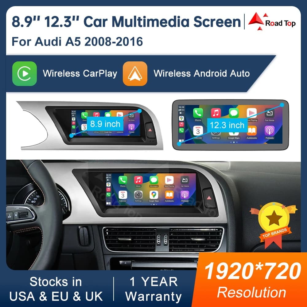 Touch screen display multimediale da 8,9 pollici 12,3 pollici per Audi A5 S5 2008-2016 Airplay Miracast funzione Wireless Carplay Android Auto