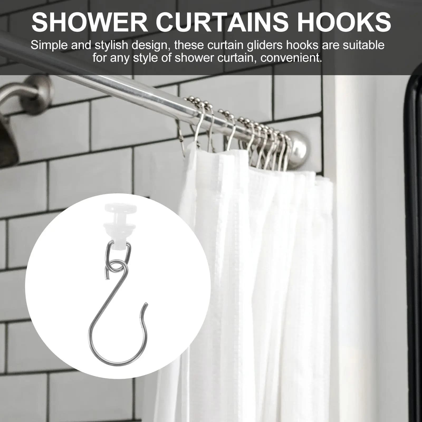 30Set Shower Curtain Hooks Gliders Stainless Steel Plastic Silent Pulley Simple Installation Curtain Rail Hooks