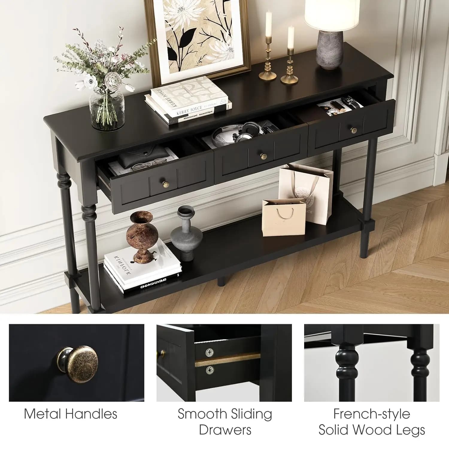 Consolle Nera con Cassetti e Ripiano, Gambe in Legno Massello, Tavolo Stretto per Ingresso/Soggiorno/Corridoio 43'', Personalizzabile
