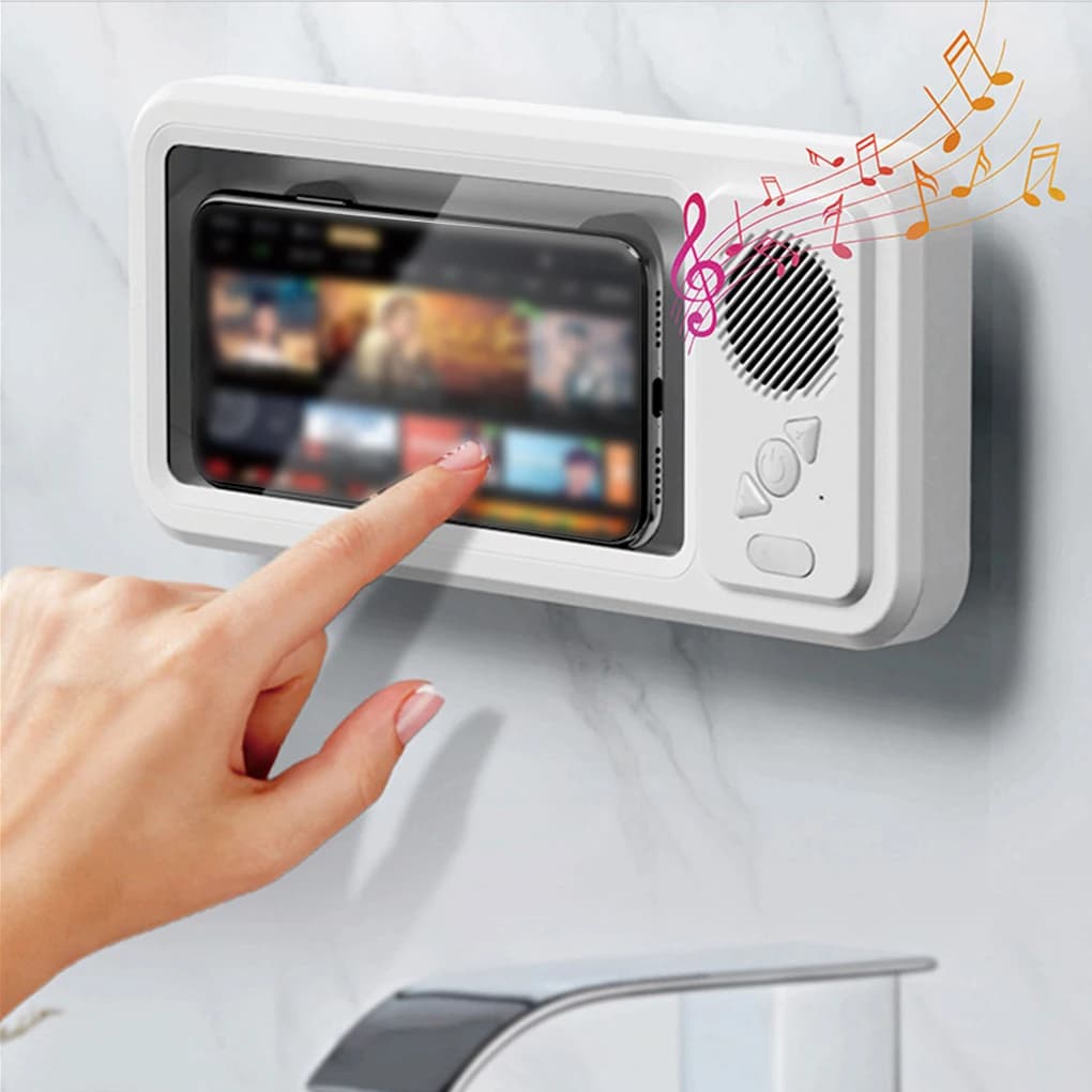 Scatola per telefono cellulare impermeabile per bagno Altoparlante Bluetooth Audio Bagno Supporto per TV Supporto per telefono cellulare 360 ° Touch screen con rotazione